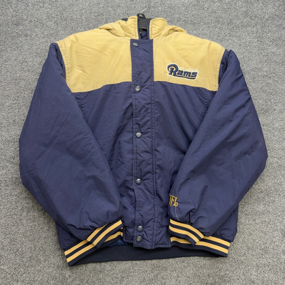 Vintage NFL St Louis Rams Hooded Puffer Jacket Kids Medium Navy Gold RN67891
